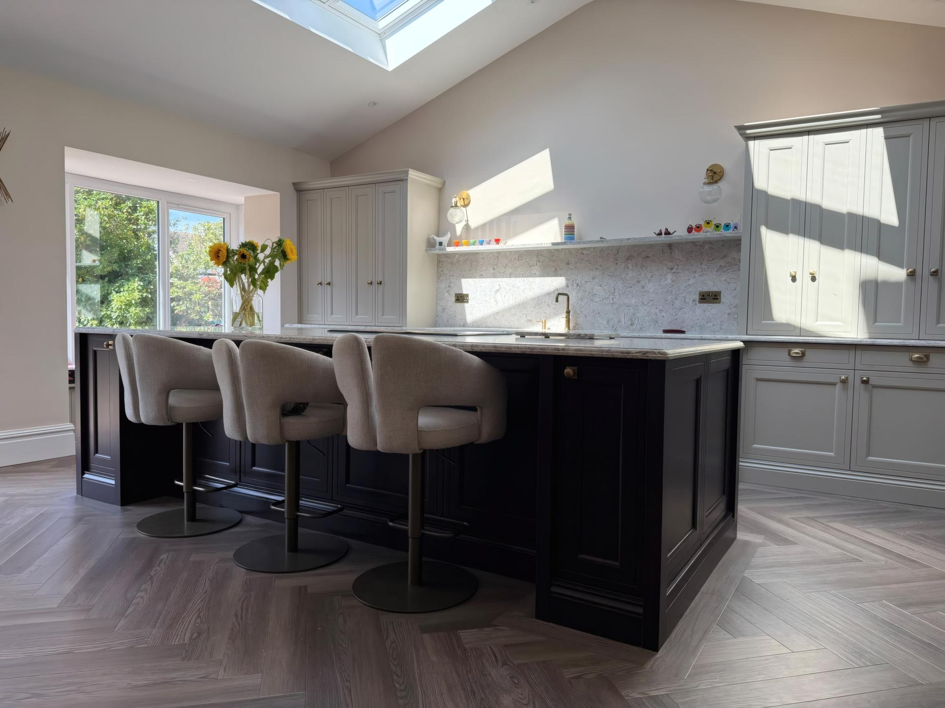 Vaulted ceiling kitchen diner extension with espresso shaker island in Formby