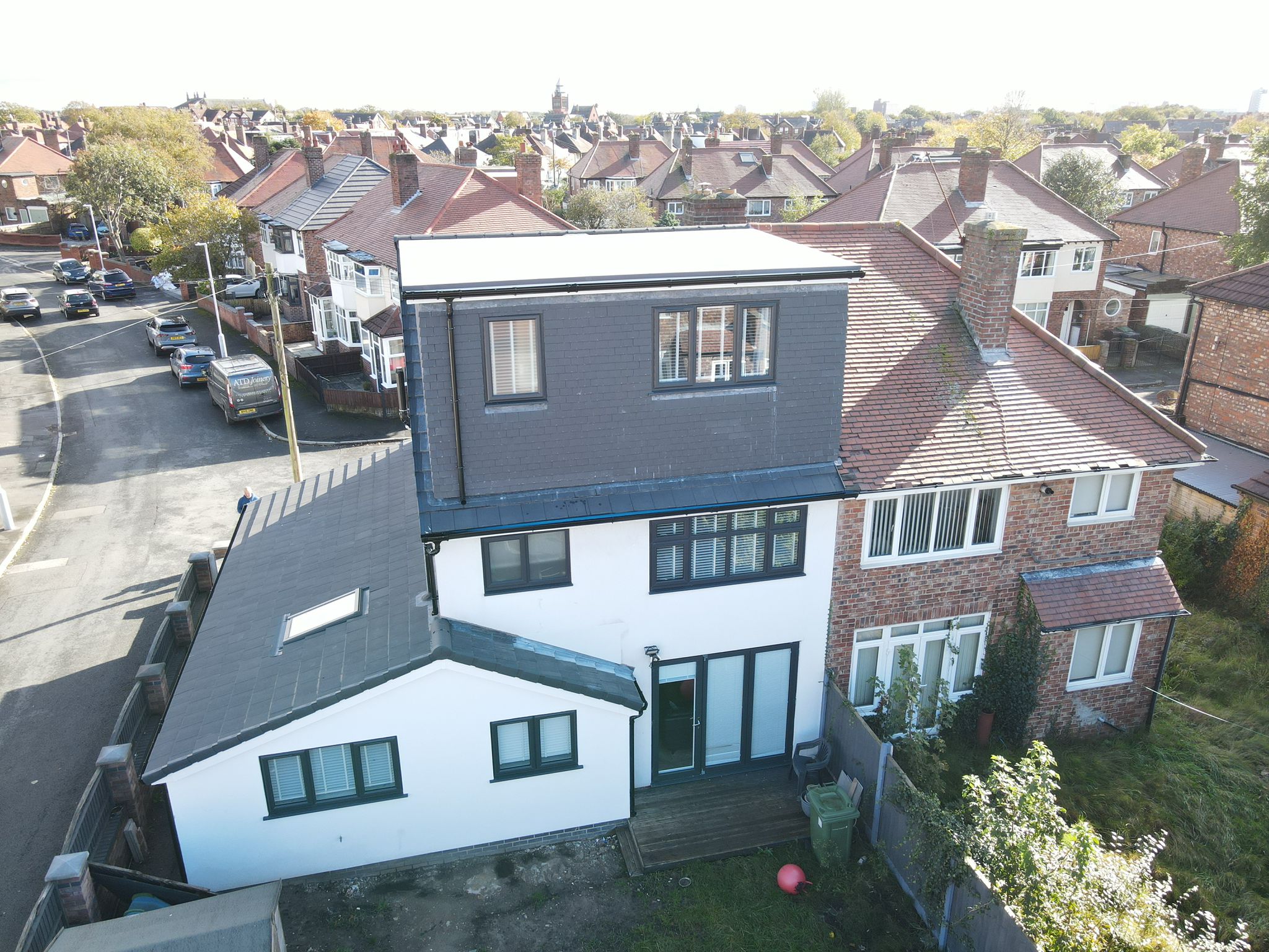 Aerial view of rear dormer loft conversion and wrap around ground floor extension